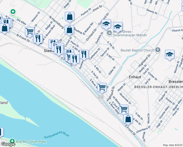 map of restaurants, bars, coffee shops, grocery stores, and more near 305 South 2nd Street in Steelton