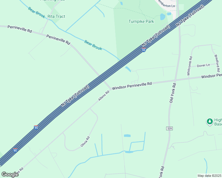 map of restaurants, bars, coffee shops, grocery stores, and more near Windsor Perrineville Road & Allens Road in Hightstown