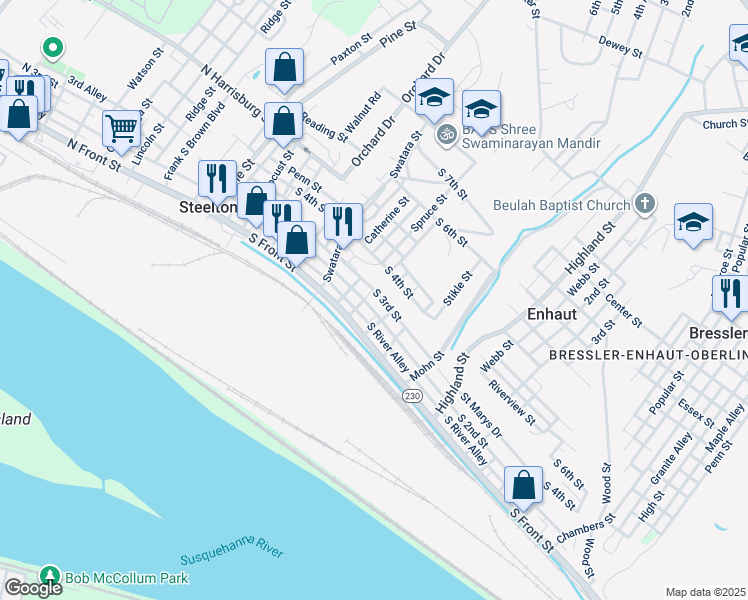 map of restaurants, bars, coffee shops, grocery stores, and more near 305 South 2nd Street in Steelton