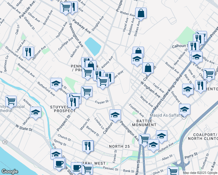 map of restaurants, bars, coffee shops, grocery stores, and more near 2 Chelten Way in Trenton