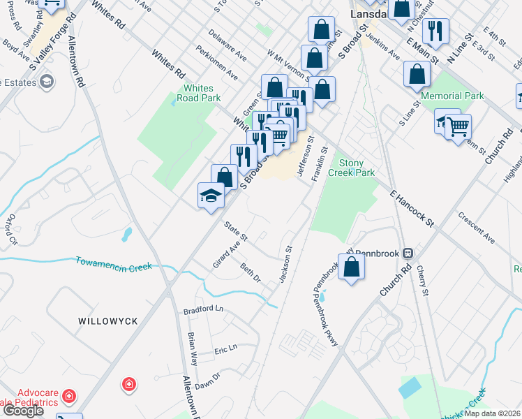 map of restaurants, bars, coffee shops, grocery stores, and more near 639 South Broad Street in Lansdale