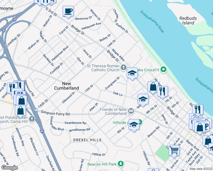 map of restaurants, bars, coffee shops, grocery stores, and more near 327 Evergreen Street in New Cumberland