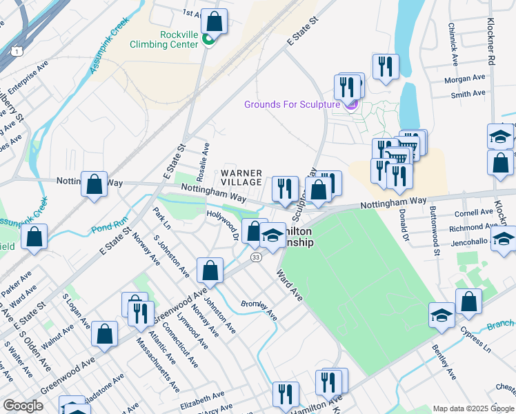 map of restaurants, bars, coffee shops, grocery stores, and more near 1421 Nottingham Way in Hamilton Township
