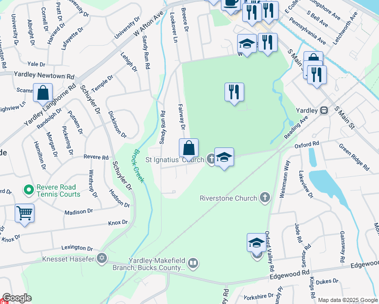 map of restaurants, bars, coffee shops, grocery stores, and more near 52 Fairway Drive in Yardley