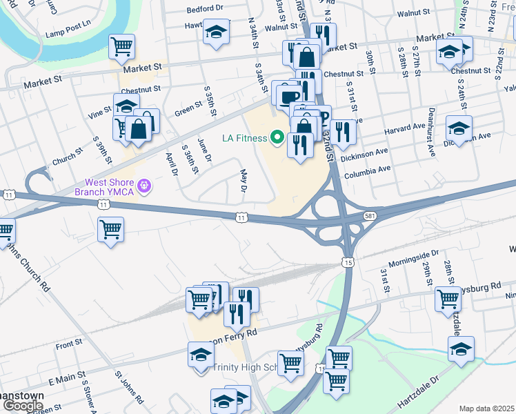 map of restaurants, bars, coffee shops, grocery stores, and more near 121 November Drive in Camp Hill
