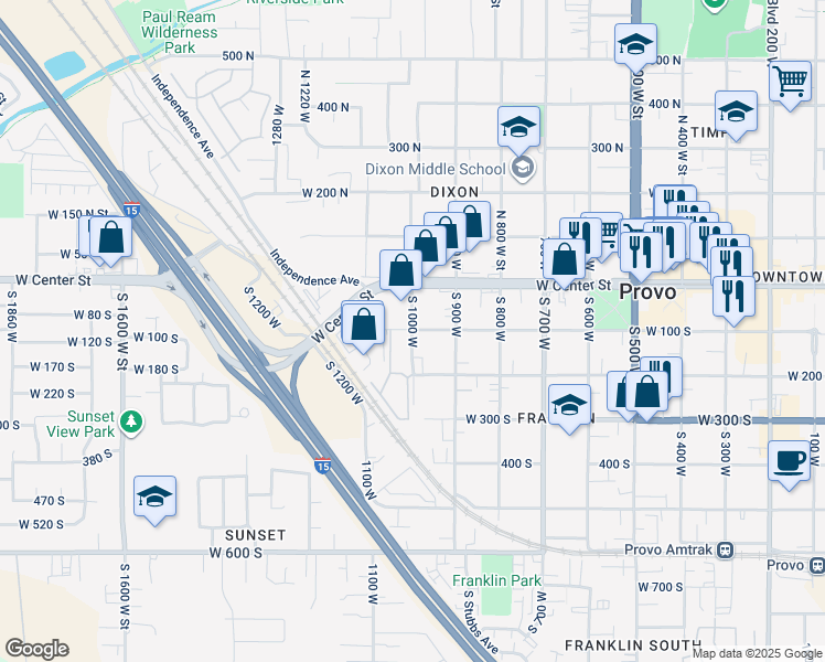 map of restaurants, bars, coffee shops, grocery stores, and more near 101 South 1000 West in Provo