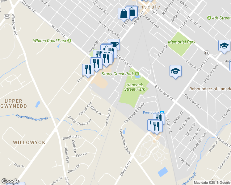 map of restaurants, bars, coffee shops, grocery stores, and more near 623 Franklin Street in Lansdale
