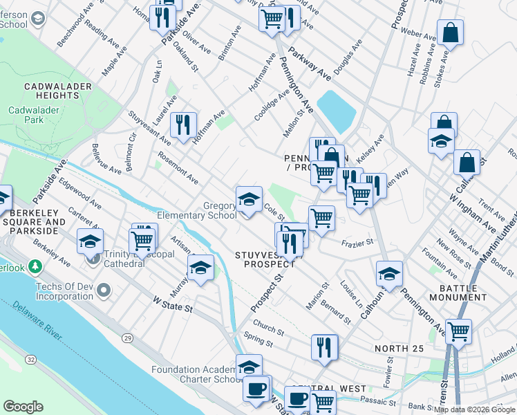 map of restaurants, bars, coffee shops, grocery stores, and more near 29 Adam Avenue in Trenton