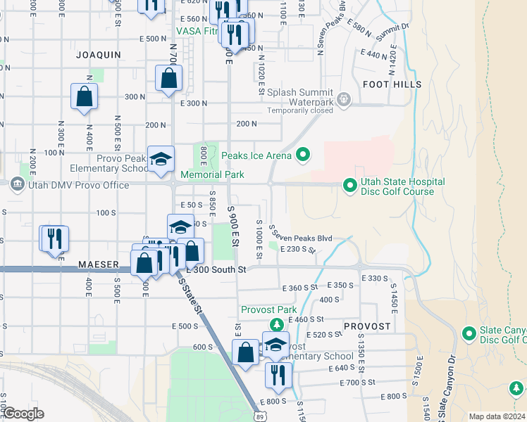 map of restaurants, bars, coffee shops, grocery stores, and more near 1020 East Center Street in Provo