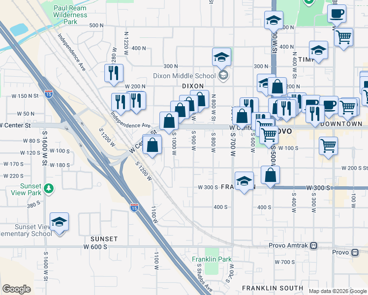 map of restaurants, bars, coffee shops, grocery stores, and more near 40 South 900 West in Provo