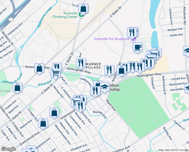 map of restaurants, bars, coffee shops, grocery stores, and more near 8 Wilbur Court in Hamilton Township