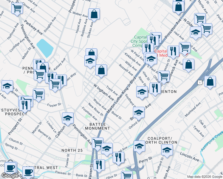 map of restaurants, bars, coffee shops, grocery stores, and more near 945 Southard Street in Trenton