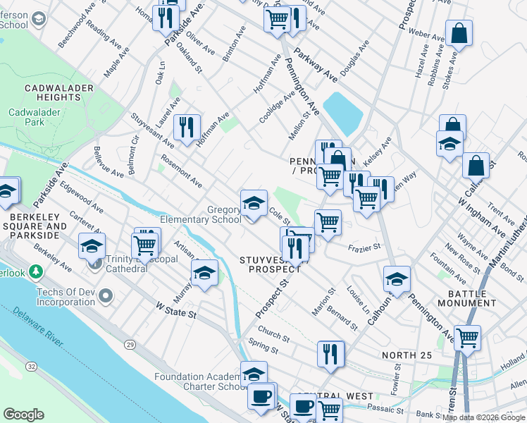 map of restaurants, bars, coffee shops, grocery stores, and more near 29 Adam Avenue in Trenton