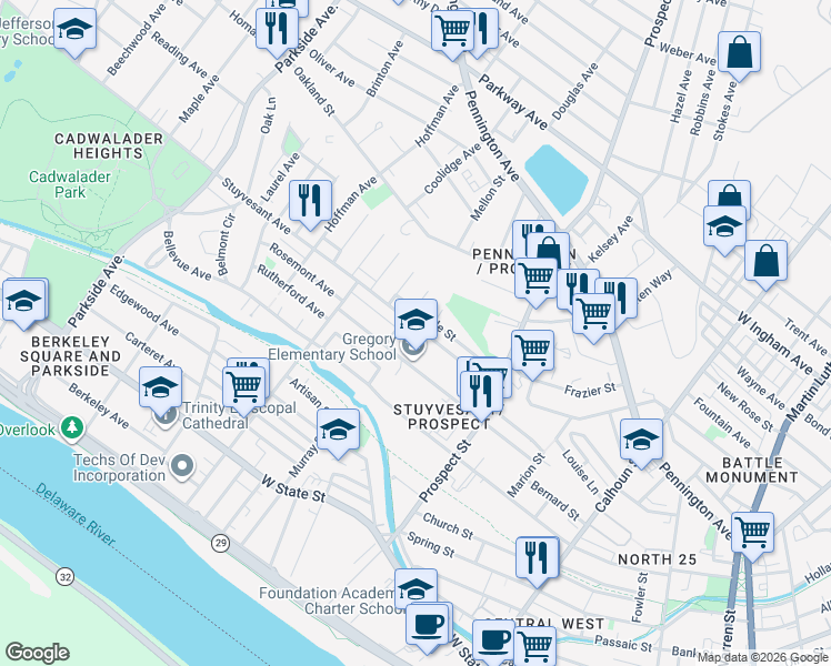 map of restaurants, bars, coffee shops, grocery stores, and more near 616 Stuyvesant Avenue in Trenton