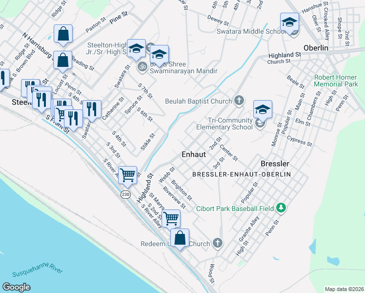 map of restaurants, bars, coffee shops, grocery stores, and more near 531 Highland Street in Steelton