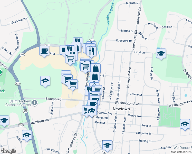 map of restaurants, bars, coffee shops, grocery stores, and more near 156 North State Street in Newtown