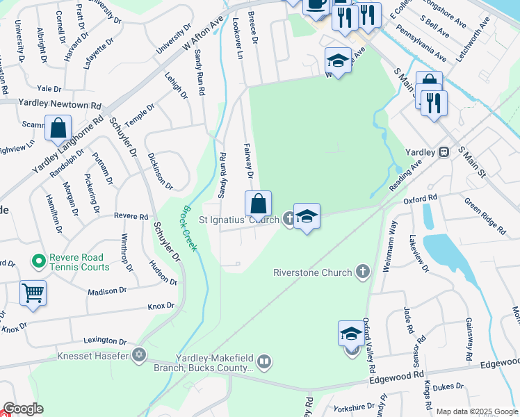 map of restaurants, bars, coffee shops, grocery stores, and more near 52 Fairway Drive in Yardley