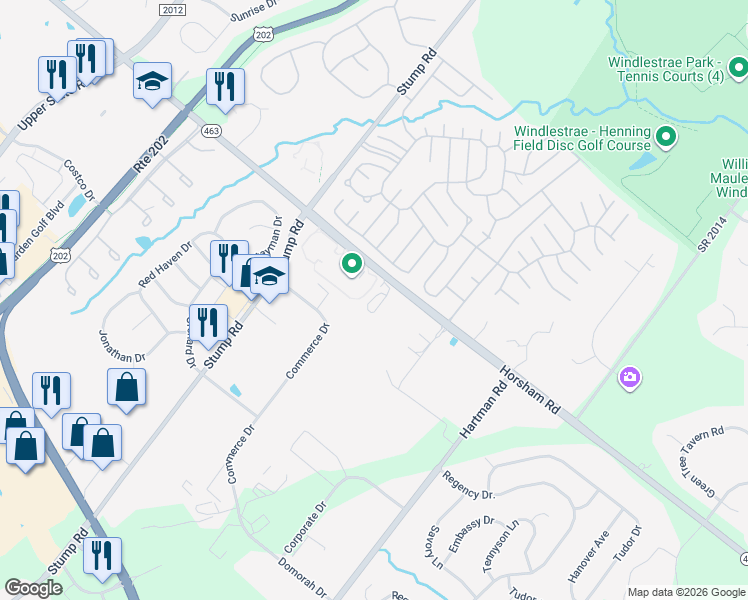 map of restaurants, bars, coffee shops, grocery stores, and more near 1054 Horsham Road in North Wales