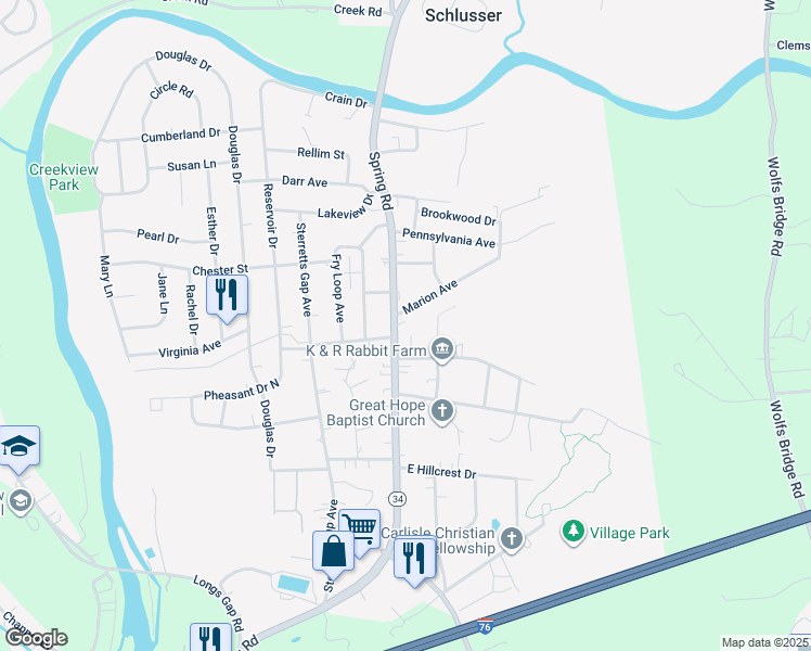 map of restaurants, bars, coffee shops, grocery stores, and more near 1911 Spring Road in Carlisle
