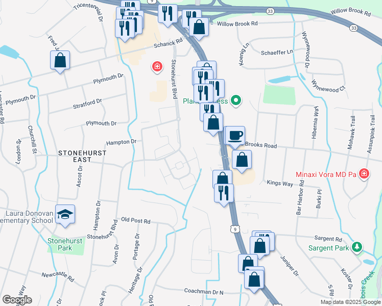map of restaurants, bars, coffee shops, grocery stores, and more near 80 Stonehurst Boulevard in Freehold