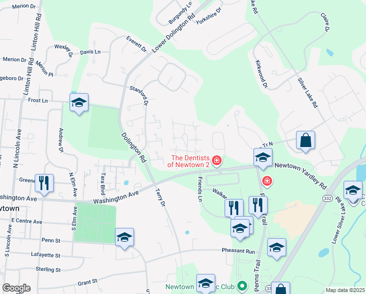 map of restaurants, bars, coffee shops, grocery stores, and more near 2 Garrison Place in Newtown