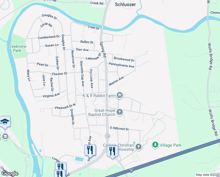 map of restaurants, bars, coffee shops, grocery stores, and more near 1911 Spring Road in Carlisle