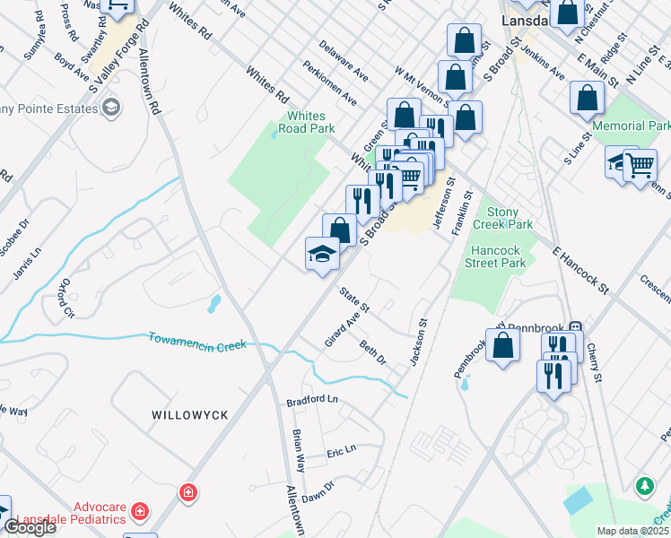 map of restaurants, bars, coffee shops, grocery stores, and more near 704 South Broad Street in Lansdale