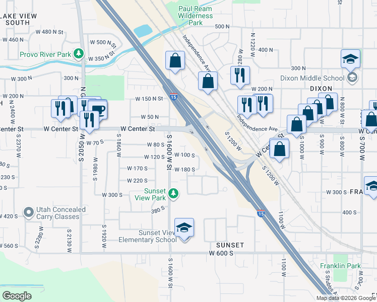 map of restaurants, bars, coffee shops, grocery stores, and more near 71 1530 West in Provo