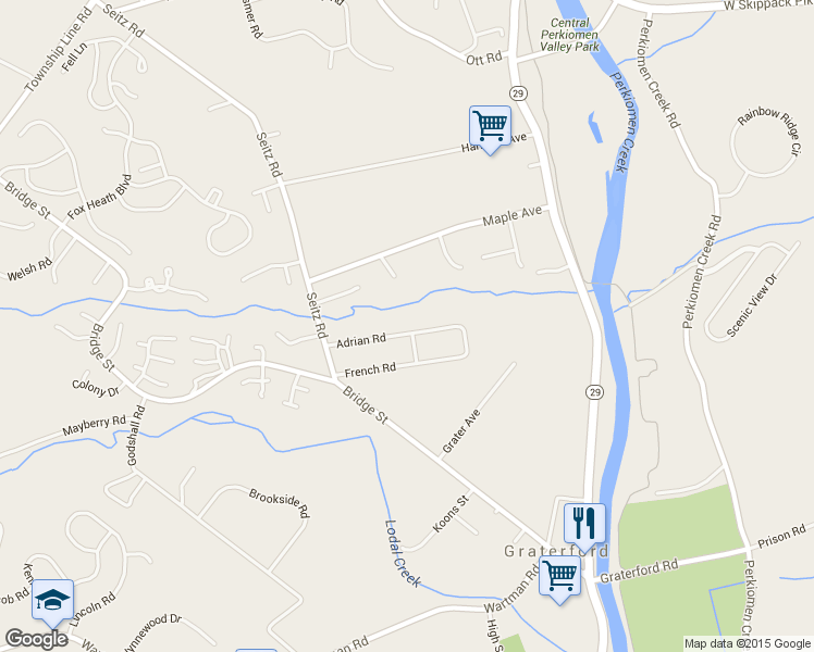 map of restaurants, bars, coffee shops, grocery stores, and more near 403 Adrian Road in Collegeville