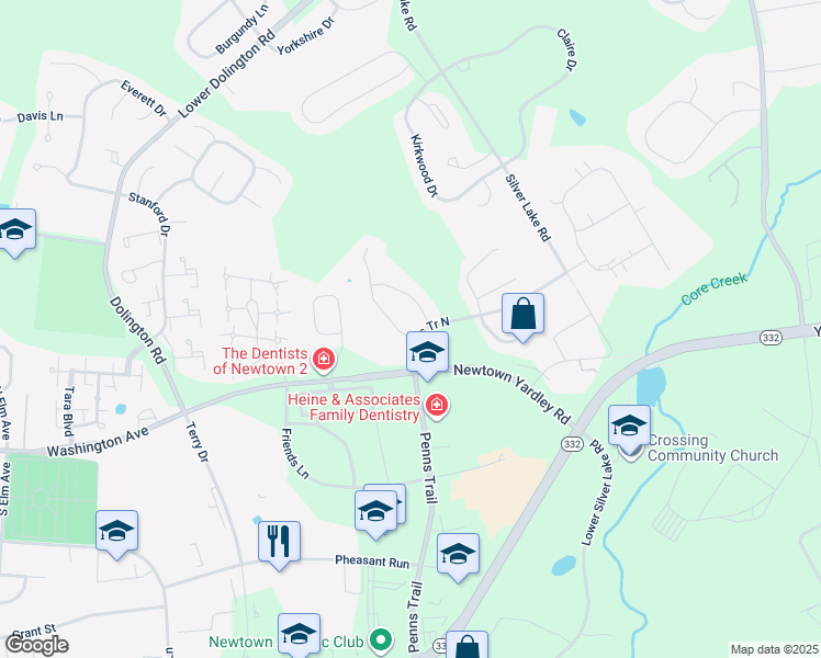 map of restaurants, bars, coffee shops, grocery stores, and more near 1 Brecknock Court in Newtown