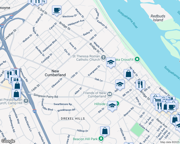 map of restaurants, bars, coffee shops, grocery stores, and more near 335 Evergreen Street in New Cumberland