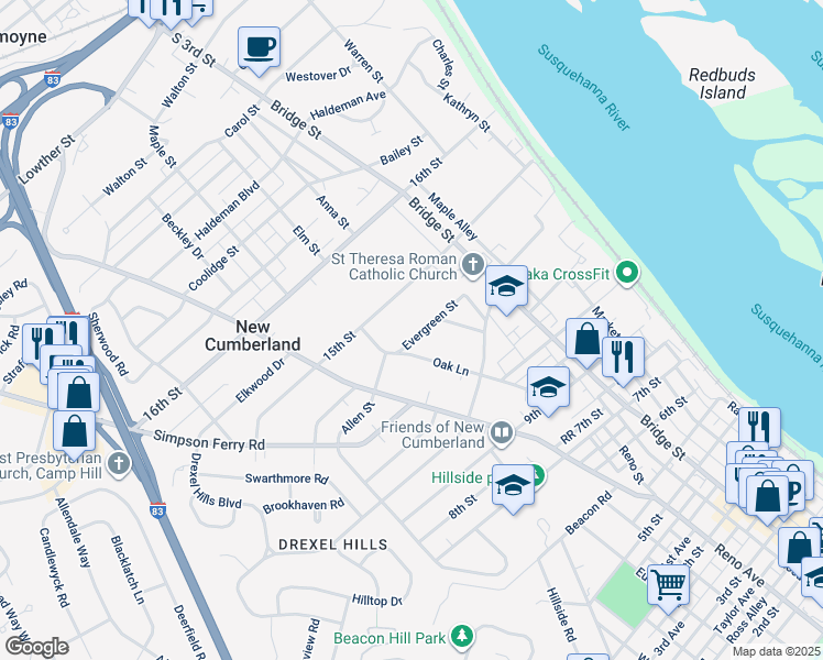 map of restaurants, bars, coffee shops, grocery stores, and more near 335 Evergreen Street in New Cumberland