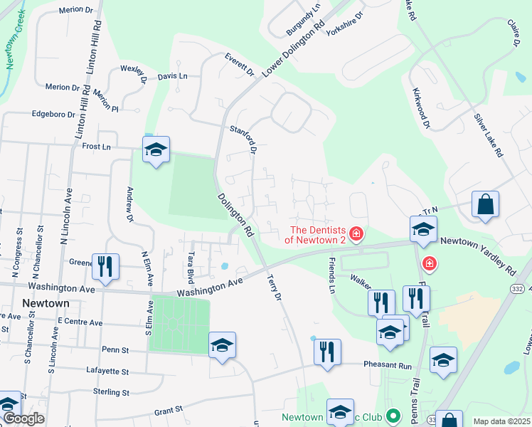 map of restaurants, bars, coffee shops, grocery stores, and more near 351 Milford Court in Newtown
