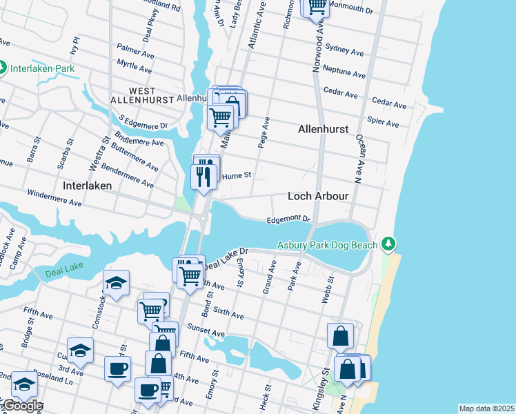 map of restaurants, bars, coffee shops, grocery stores, and more near 410 Euclid Avenue in Allenhurst