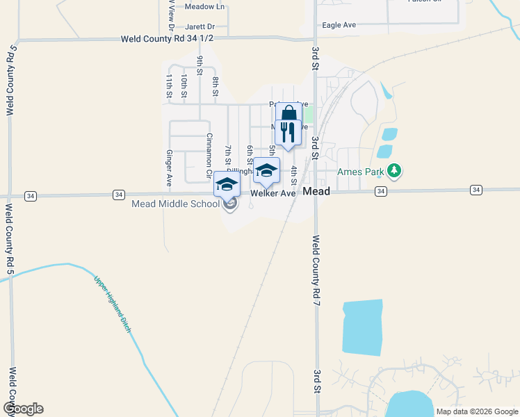 map of restaurants, bars, coffee shops, grocery stores, and more near 106 5th Street in Mead