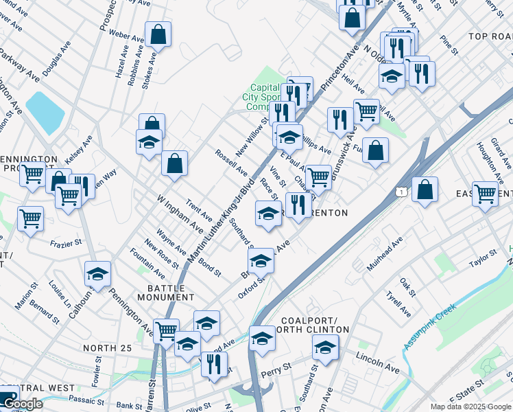 map of restaurants, bars, coffee shops, grocery stores, and more near 35 Evans Avenue in Trenton