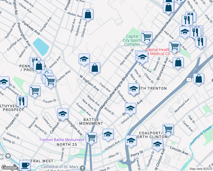 map of restaurants, bars, coffee shops, grocery stores, and more near 890 Southard Street in Trenton