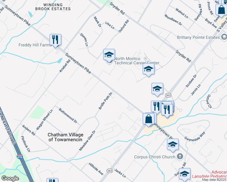map of restaurants, bars, coffee shops, grocery stores, and more near 1500 Bridle Path Drive in Lansdale