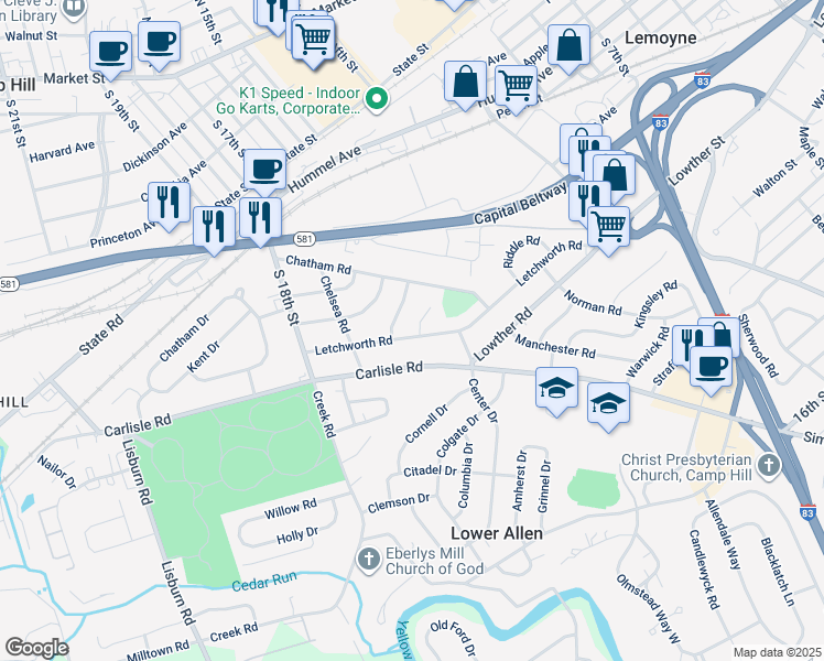 map of restaurants, bars, coffee shops, grocery stores, and more near 2 Park Circle in Camp Hill