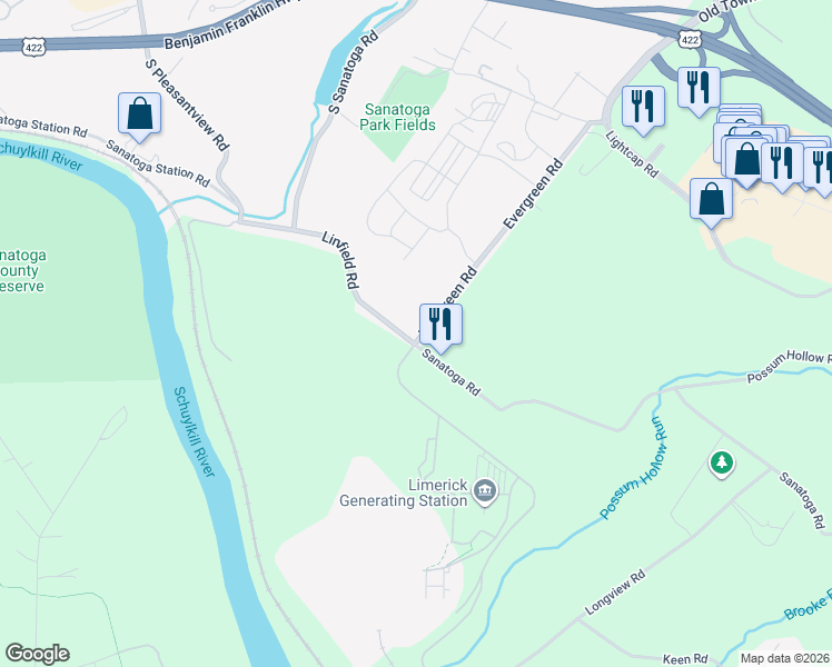 map of restaurants, bars, coffee shops, grocery stores, and more near 3033 Linfield Road in Pottstown