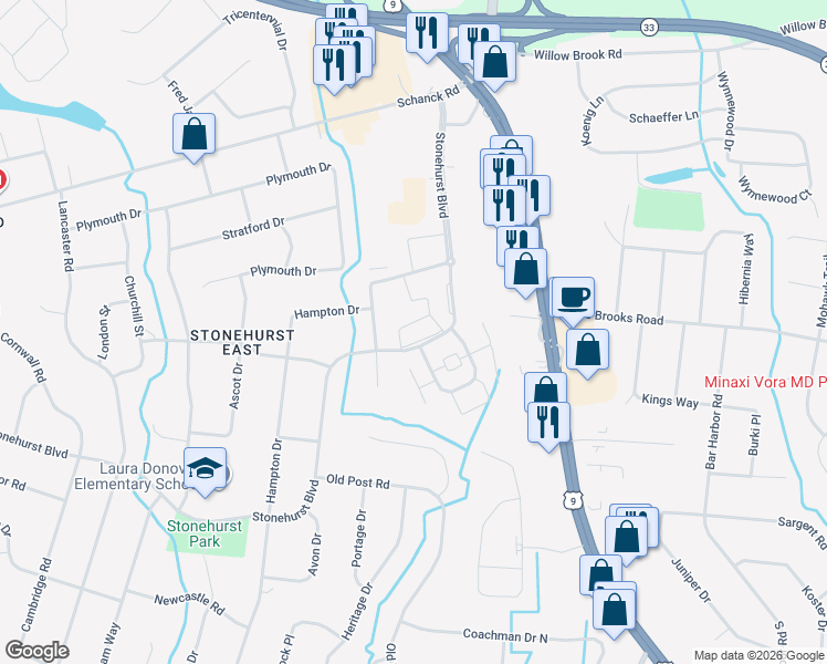 map of restaurants, bars, coffee shops, grocery stores, and more near 79 Stonehurst Boulevard in Freehold