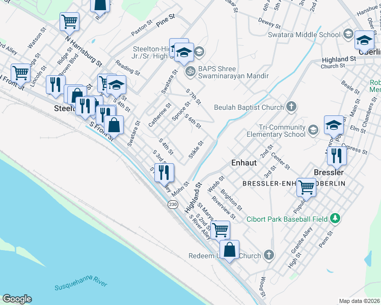 map of restaurants, bars, coffee shops, grocery stores, and more near 499 Stikle Street in Steelton
