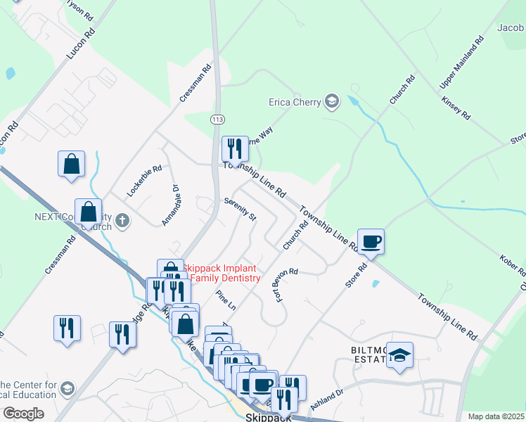 map of restaurants, bars, coffee shops, grocery stores, and more near 4128 Inspiration Street in Schwenksville