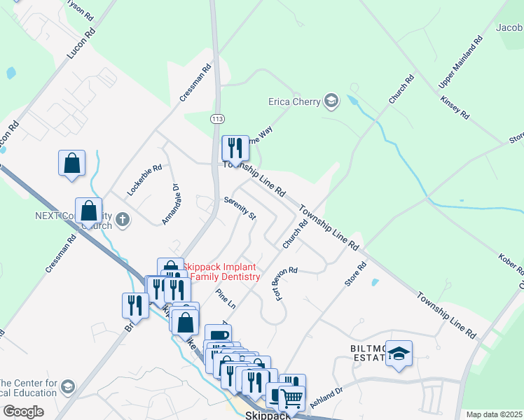 map of restaurants, bars, coffee shops, grocery stores, and more near 4128 Inspiration Street in Schwenksville