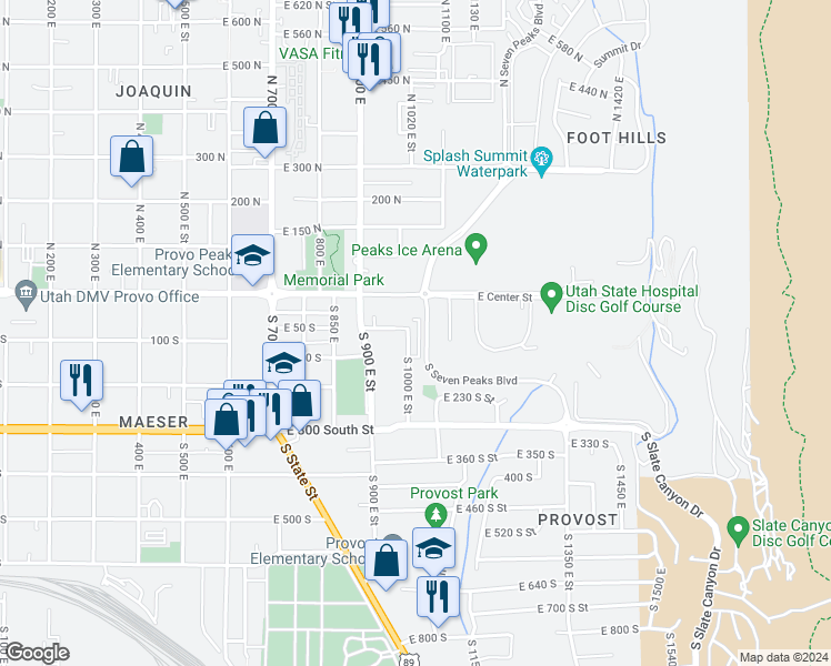 map of restaurants, bars, coffee shops, grocery stores, and more near 111 South 1000 East Street in Provo