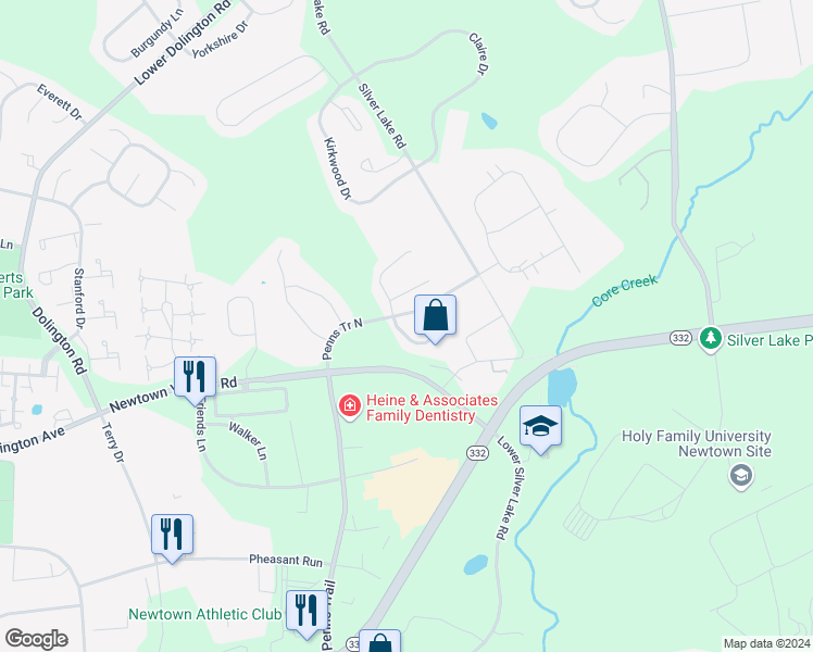 map of restaurants, bars, coffee shops, grocery stores, and more near 1 Hartfeld Road in Newtown