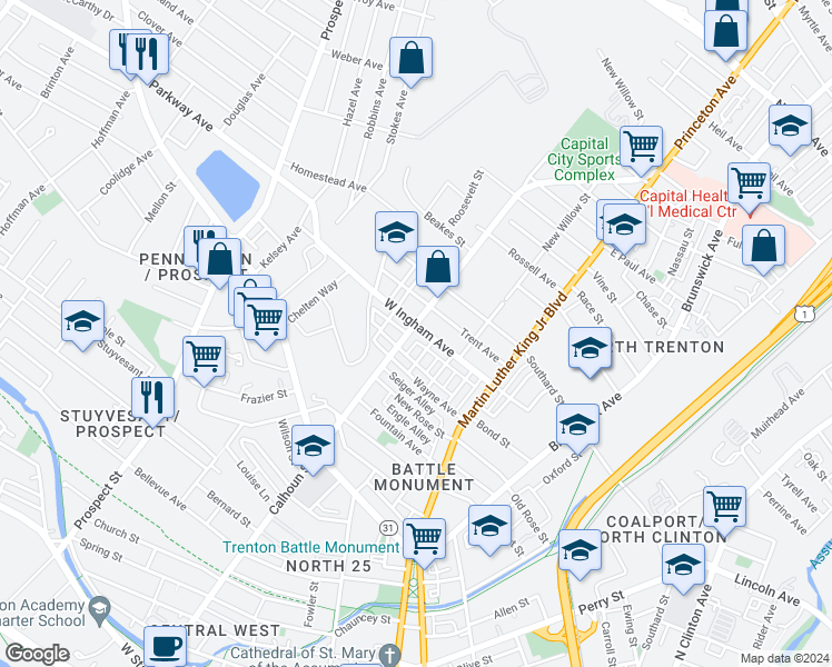 map of restaurants, bars, coffee shops, grocery stores, and more near 191 West Ingham Avenue in Trenton