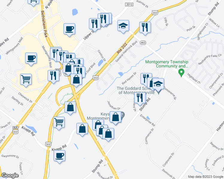 map of restaurants, bars, coffee shops, grocery stores, and more near 213 Jonathan Drive in North Wales