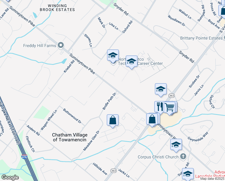 map of restaurants, bars, coffee shops, grocery stores, and more near 1500 Bridle Path Drive in Lansdale