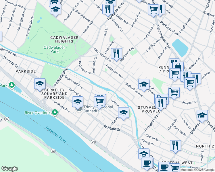 map of restaurants, bars, coffee shops, grocery stores, and more near 869 Bellevue Avenue in Trenton